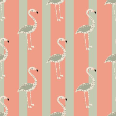 Pastel tones seamless pattern with simple grey colored flamingo ornament. Pink striped background. Vector illustration for seasonal textile prints, fabric, banners, backdrops and wallpapers.