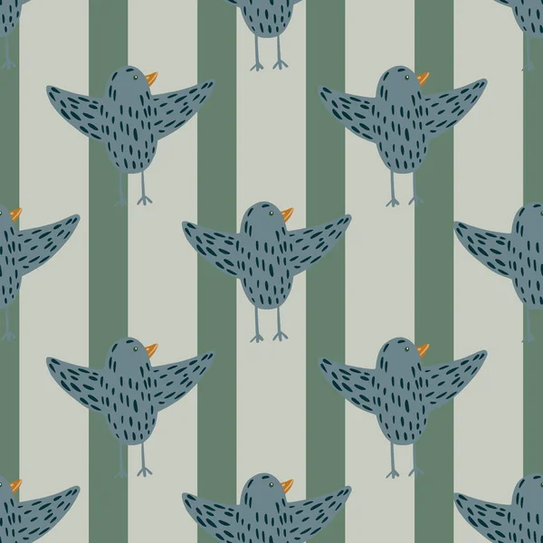Contoured Dashes Birds Ornament Seamless Pattern Doodle Style Striped Grey — Archivo Imágenes Vectoriales