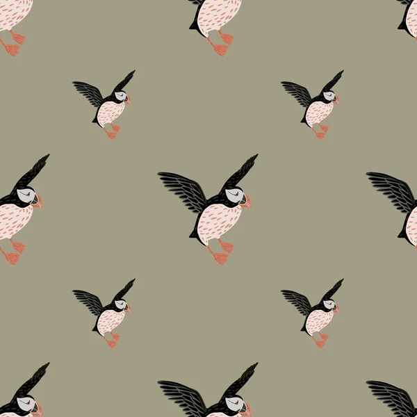 Minimalistic Seamless Pattern Black Doodle Puffin Bird Shapes Beige Background — Archivo Imágenes Vectoriales