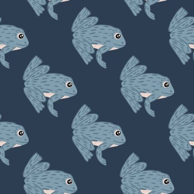 Hnad drawn seamless marine animal zoo pattern with doodle frogs elements. Navy blue background. Flat vector print for textile, fabric, giftwrap, wallpapers. Endless illustration.