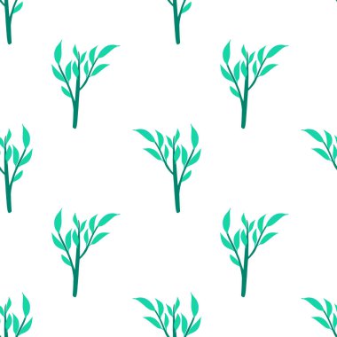 Isolated seamless pattern with bright blue leaves branches ornament. White background. Isolated artwork. Stock illustration. Vector design for textile, fabric, giftwrap, wallpapers.