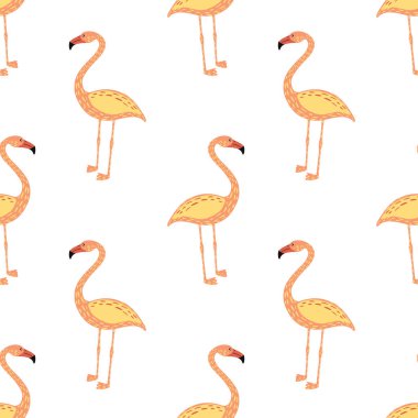 Bej renkli flamingo süsüsüyle izole edilmiş, pürüzsüz desen. Beyaz arka plan. Egzotik hayvanat bahçesi arka planı. Mevsimlik tekstil baskıları, kumaş, afişler, arkaplanlar ve duvar kağıtları için vektör illüstrasyonu.