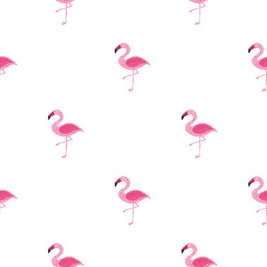 İzole edilmiş, parlak pembe flamingo siluetleri olan karikatür desenleri. Beyaz arka plan. Karalama tasarımı. Kağıt ve kumaş dokuları için grafiksel tasarım. Vektör İllüstrasyonu.
