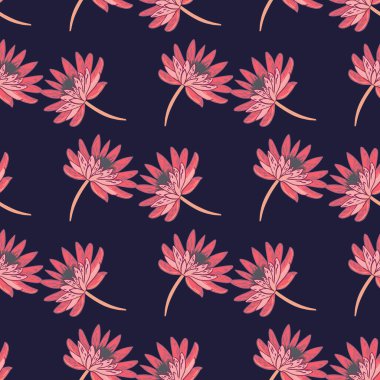 Çiçeksiz bitki desenli, botanik papatya çiçeği desenli elementler. Koyu mor arka plan. Tekstil, kumaş, hediye paketi, duvar kağıtları için düz vektör baskısı. Sonsuz illüstrasyon.