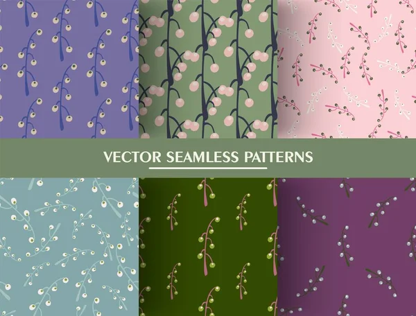 Set Seamless Random Pattern Doodle Branches Berries Nature Background Flat — 图库矢量图片