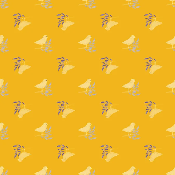 Cartoon Kids Cute Seamless Pattern Simple Bird Branches Print Yellow — Vettoriale Stock