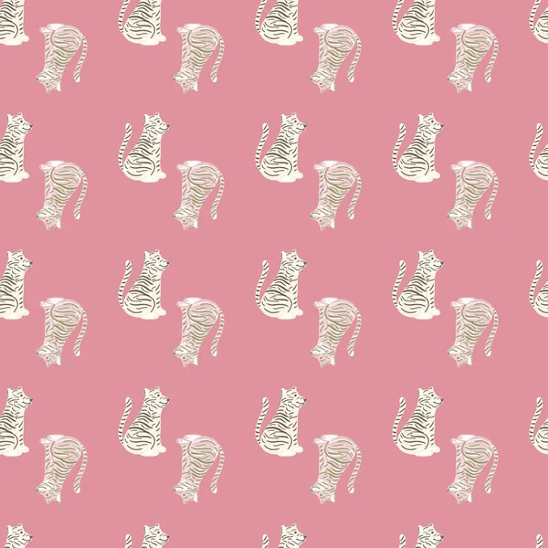 Cartoon Seamless Pattern Mammal White Tiger Silhouettes Pink Background Childish — Vector de stock