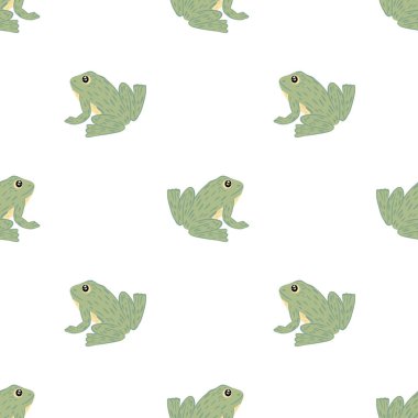 Gri renkli kurbağa süsüsüyle çocuk tarzında izole edilmiş karalama deseni. Beyaz arka plan. Tekstil, kumaş, hediye paketi, duvar kağıtları için düz vektör baskısı. Sonsuz illüstrasyon.