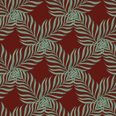 Basit eğreltiotu yaprağı süsüsüyle geometrik tarzda kusursuz desen. Soluk koyu kahverengi arka plan. Stok çizimi. Tekstil, kumaş, hediye paketi, duvar kağıtları için vektör tasarımı.