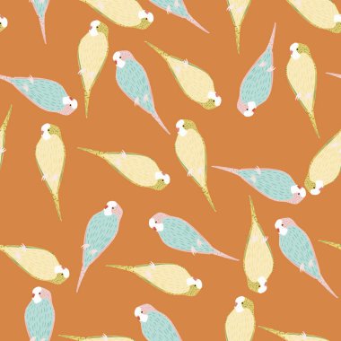 Renkli, bej ve mavi papağan süslemeli, rastgele, egzotik desenli bir hayvan. Kahverengi arka plan. Tekstil, kumaş, hediye paketi, duvar kağıtları için düz vektör baskısı. Sonsuz illüstrasyon.