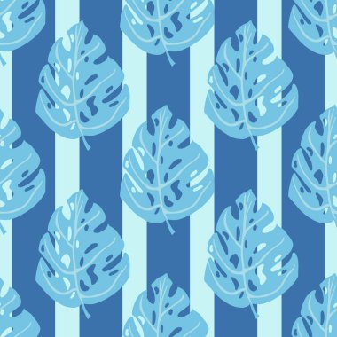 Basit bir canavar yaprağı süsüsüyle kusursuz vahşi doğa deseni. Çizgili mavi arka plan. Mevsimlik tekstil baskıları, kumaş, afişler, arkaplanlar ve duvar kağıtları için vektör illüstrasyonu.