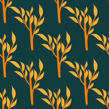 Parlak turuncu yaprak dalları siluetleri olan kusursuz bir şekil. Koyu rukuaz arka plan. Stok çizimi. Tekstil, kumaş, hediye paketi, duvar kağıtları için vektör tasarımı.