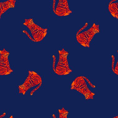 Karşıt hayvanat bahçesi egzotik desenli, parlak kırmızı kaplan desenli süslemeli. Deniz mavisi. Tekstil, kumaş, hediye paketi, duvar kağıtları için düz vektör baskısı. Sonsuz illüstrasyon.