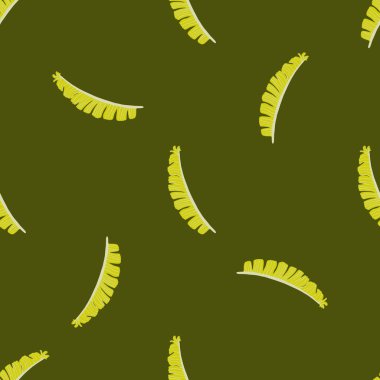 Sarı eğreltiotu yaprağı şekilli, minimalist, vahşi, dikişsiz bir orman deseni. Yeşil zeytin arka planı. Kağıt ve kumaş dokuları için grafiksel tasarım. Vektör İllüstrasyonu.