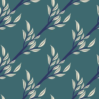 Doğa çiçekli, dikişsiz desenli, ışık çizgili yapraklı dallar. Mavi pastel arka plan. Stok çizimi. Tekstil, kumaş, hediye paketi, duvar kağıtları için vektör tasarımı.