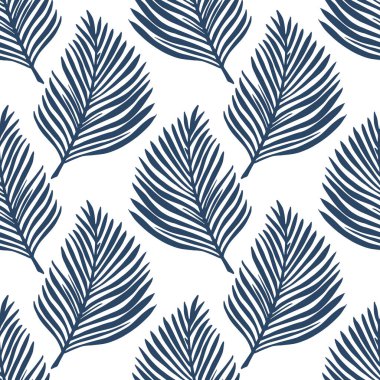 Donanma mavisi eğreltiotu yaprağı siluetleriyle izole edilmiş klasik bir model. Beyaz arka plan. Mevsimlik tekstil baskıları, kumaş, afişler, arkaplanlar ve duvar kağıtları için vektör illüstrasyonu.