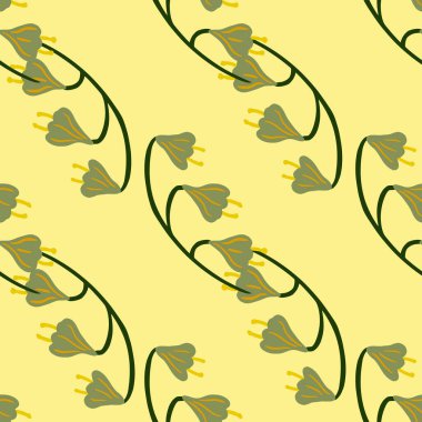 Botanik doğası, yeşil renkli çan çiçeği şekilli kusursuz desen. Açık turuncu arka plan. Mevsimlik tekstil baskıları, kumaş, afişler, arkaplanlar ve duvar kağıtları için vektör illüstrasyonu.