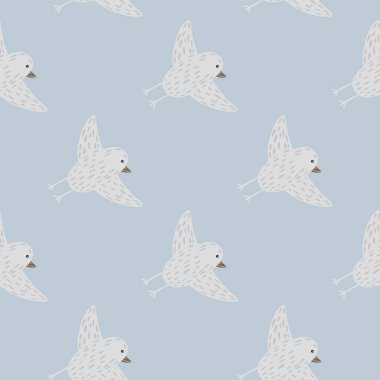 Soluk mavi kuşların süslendiği kusursuz çizgi film kuşbilim deseni. Basit karalama tasarımı. Mevsimlik tekstil baskıları, kumaş, afişler, arkaplanlar ve duvar kağıtları için vektör illüstrasyonu.