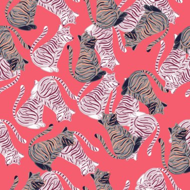 Elle çizilmiş kaplan siluetleriyle kusursuz rastgele desenler. Pastel pembe arka plan. Karalama tasarımı. Tekstil, kumaş, hediye paketi, duvar kağıtları için düz vektör baskısı. Sonsuz illüstrasyon.