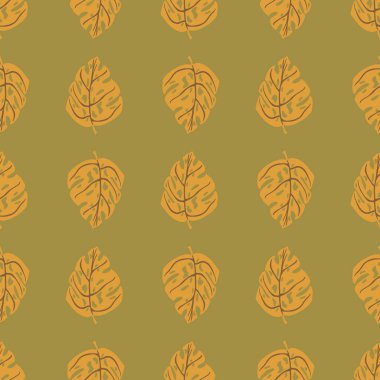 Botanik ormanı, turuncu elli, dikişsiz desenli canavar süsü çizilmiş. Açık yeşil zeytin arka planı. Mevsimlik tekstil baskıları, kumaş, afişler, arkaplanlar ve duvar kağıtları için vektör illüstrasyonu.