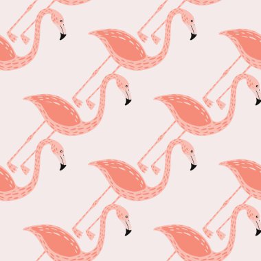 Pastel soluk renkte, pembe flamingo elementli pürüzsüz bir desen. Gri pastel arka plan. Mevsimlik tekstil baskıları, kumaş, afişler, arkaplanlar ve duvar kağıtları için vektör illüstrasyonu.