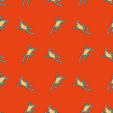 Mavi ve sarı renkli kurbağa şekilli parlak, pürüzsüz, soyut hayvanat bahçesi deseni. Turuncu parlak arka plan. Stok çizimi. Tekstil, kumaş, hediye paketi, duvar kağıtları için vektör tasarımı.