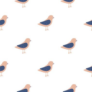 Pembe ve lacivert renkli kuşların süslediği izole, pürüzsüz desenler. Beyaz arka plan. Mevsimlik tekstil baskıları, kumaş, afişler, arkaplanlar ve duvar kağıtları için vektör illüstrasyonu.