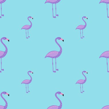 Pastel mor flamingo desenli çocuksu bir çizgi film. Mavi arka plan. Hayvanat bahçesi arkaplanı. Mevsimlik tekstil baskıları, kumaş, afişler, arkaplanlar ve duvar kağıtları için vektör illüstrasyonu.