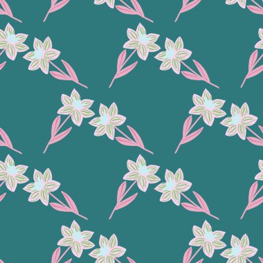 Basit çiçek siluetleriyle çizilmiş, botanik ve dikişsiz desen. Mavi arka plan. Tekstil, kumaş, hediye paketi, duvar kağıtları için düz vektör baskısı. Sonsuz illüstrasyon.