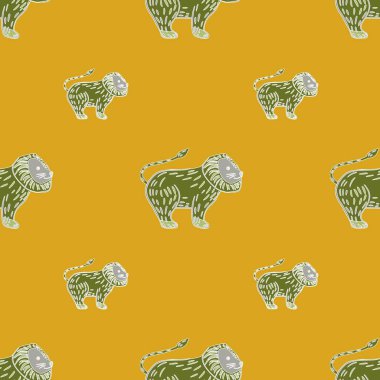Yeşil ve gri renkli aslan elementleri pürüzsüz desen. Basit çocuksu karalama tasarımı. Turuncu arka plan. Kağıt ve kumaş dokuları için grafiksel tasarım. Vektör İllüstrasyonu.