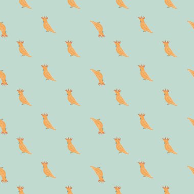 Soyut, turuncu papağan şekilli, dikişsiz bir kuş deseni. Mavi arka plan. Tekstil, kumaş, hediye paketi, duvar kağıtları için düz vektör baskısı. Sonsuz illüstrasyon.