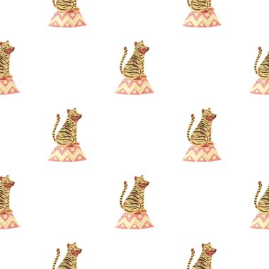 Turuncu karalama kaplan siluetleriyle izole edilmiş, pürüzsüz desen. Beyaz arka plan. Basit bir tasarım. Mevsimlik tekstil baskıları, kumaş, afişler, arkaplanlar ve duvar kağıtları için vektör illüstrasyonu.