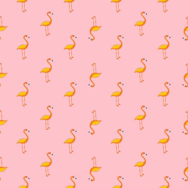 Soyut hayvanat bahçesi tropik desenli turuncu elle çizilmiş flamingo süsü. Pembe arka plan. Mevsimlik tekstil baskıları, kumaş, afişler, arkaplanlar ve duvar kağıtları için vektör illüstrasyonu.