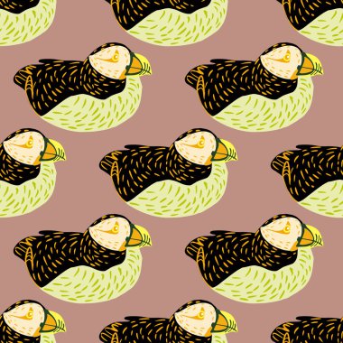 Karalama martı İzlanda hayvanat bahçesi süsüsüyle el çizimi kusursuz desen. Soluk pembe arka plan. Karalama baskısı. Mevsimlik tekstil baskıları, kumaş, afişler, arkaplanlar ve duvar kağıtları için vektör illüstrasyonu.