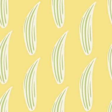 Pastel tonlarda, vadi yapraklarının beyaz zambaklarıyla çizilmiş düz bir desen. Açık sarı arkaplan. Stok çizimi. Tekstil, kumaş, hediye paketi, duvar kağıtları için vektör tasarımı.