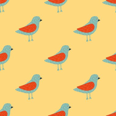Mavi ve kırmızı renkli kuşlar basit siluetler, pürüzsüz desenler. Açık sarı arkaplan. Mevsimlik tekstil baskıları, kumaş, afişler, arkaplanlar ve duvar kağıtları için vektör illüstrasyonu.