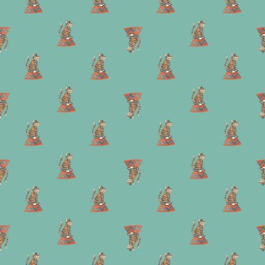 Elle çizilmiş kaplan süsü çocuk tarzında kusursuz desen. Mavi arka plan. Hayvanat bahçesi vahşi kedi arkaplanı. Mevsimlik tekstil baskıları, kumaş, afişler, arkaplanlar ve duvar kağıtları için vektör illüstrasyonu.