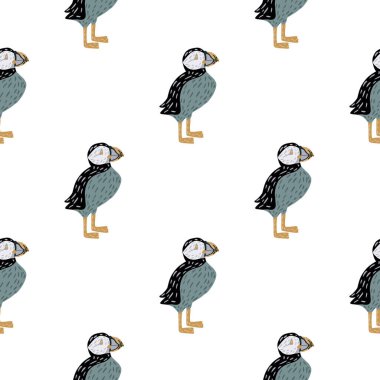 Çocuklar için martı kuşu süsü olan kusursuz, izole bir karalama şekli. Beyaz arka plan. Basit bir tasarım. Tekstil, kumaş, hediye paketi, duvar kağıtları için düz vektör baskısı. Sonsuz illüstrasyon.