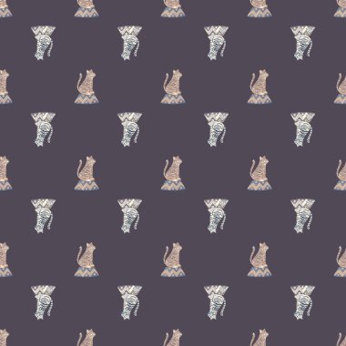 Sirk kaplanı süsüsüyle çocuk tarzında kusursuz çizgi film desenleri. Pastel mor arka plan. Mevsimlik tekstil baskıları, kumaş, afişler, arkaplanlar ve duvar kağıtları için vektör illüstrasyonu.