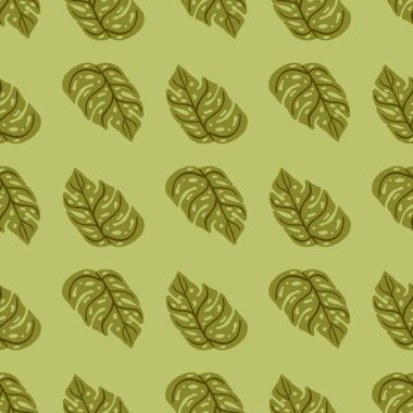 El çizimi botanik desensiz yeşil zeytin tonları ve canavar siluetleri. Soluk palet çizimi. Stok çizimi. Tekstil, kumaş, hediye paketi, duvar kağıtları için vektör tasarımı.