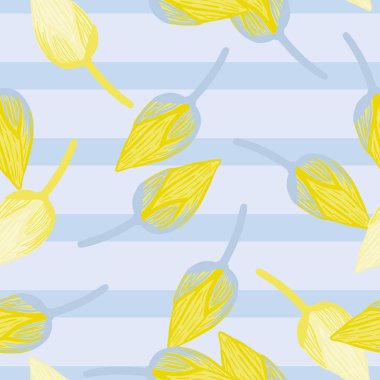 Basit sarı nilüfer tomurcuğu süsüyle rastgele, kusursuz desenler. Mavi çizgili arka plan. Stok çizimi. Tekstil, kumaş, hediye paketi, duvar kağıtları için vektör tasarımı.