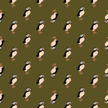 Atletik, pürüzsüz hayvanat bahçesi desenli, üzerinde küçük martı kuşları yazılı. Yeşil zeytin arka planı. Yaratıcı sanat eserleri. Tekstil, kumaş, hediye paketi, duvar kağıtları için düz vektör baskısı. Sonsuz illüstrasyon.