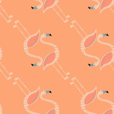 Flamingo siluet izli minimalist, pürüzsüz hayvan deseni. Turuncu renkli arka plan. Mevsimlik tekstil baskıları, kumaş, afişler, arkaplanlar ve duvar kağıtları için vektör illüstrasyonu.