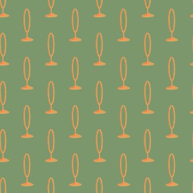 Turuncu renkli karalama sirk elementleri olan düz ve pürüzsüz bir desen. Yeşil arka plan. Stok çizimi. Tekstil, kumaş, hediye paketi, duvar kağıtları için vektör tasarımı.