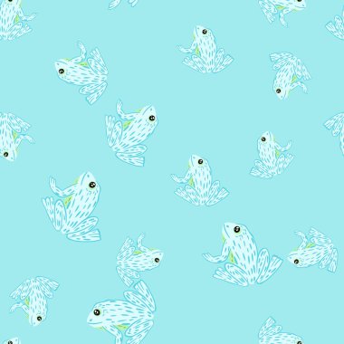 Beyaz şekilli kurbağa desenli rastgele şekilli siluetler. Mavi pastel arka plan. Tekstil, kumaş, hediye paketi, duvar kağıtları için düz vektör baskısı. Sonsuz illüstrasyon.