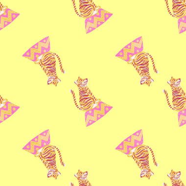Pembe ve turuncu renkli sirk kaplanı desenli, pürüzsüz bir hayvanat bahçesi deseni. Açık sarı arkaplan. Mevsimlik tekstil baskıları, kumaş, afişler, arkaplanlar ve duvar kağıtları için vektör illüstrasyonu.