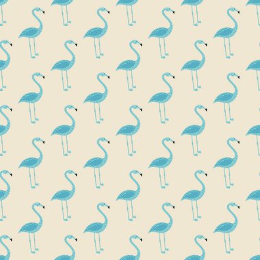 Çizgi filmci çocuklar, mavi renkli flamingo siluetleri olan kusursuz desenler çizerler. Hafif arkaplan. Mevsimlik tekstil baskıları, kumaş, afişler, arkaplanlar ve duvar kağıtları için vektör illüstrasyonu.