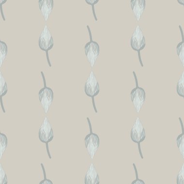 Basit, pürüzsüz desenleri soluk tonlarda karalama lale tomurcukları şeklinde süslemek. Gri palet çizimi. Stok çizimi. Tekstil, kumaş, hediye paketi, duvar kağıtları için vektör tasarımı.