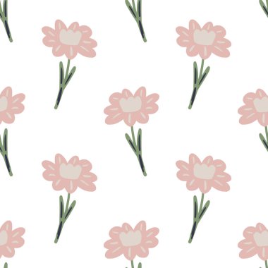 Pastel pembe çiçek siluetleriyle izole edilmiş, pürüzsüz el çizimi doğa deseni. Beyaz arka plan. Kağıt ve kumaş dokuları için grafiksel tasarım. Vektör İllüstrasyonu.