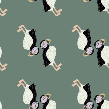 Siyah ve beyaz martı kuş siluetleriyle minimalist, pürüzsüz bir desen. Açık mavi arka plan. Tekstil, kumaş, hediye paketi, duvar kağıtları için düz vektör baskısı. Sonsuz illüstrasyon.